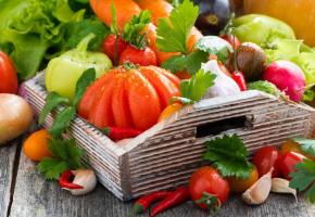 harvest of fresh seasonal vegetables in a wooden box, horizontal
